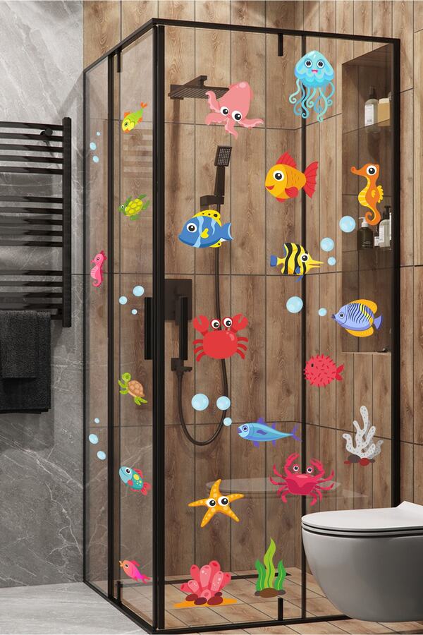 Sticker Sepetim Sevimli Deniz Canlıları Balık Yengeç Ahtapot Duşa Kabin Banyo Duvar Sticker Duvar Dekoru