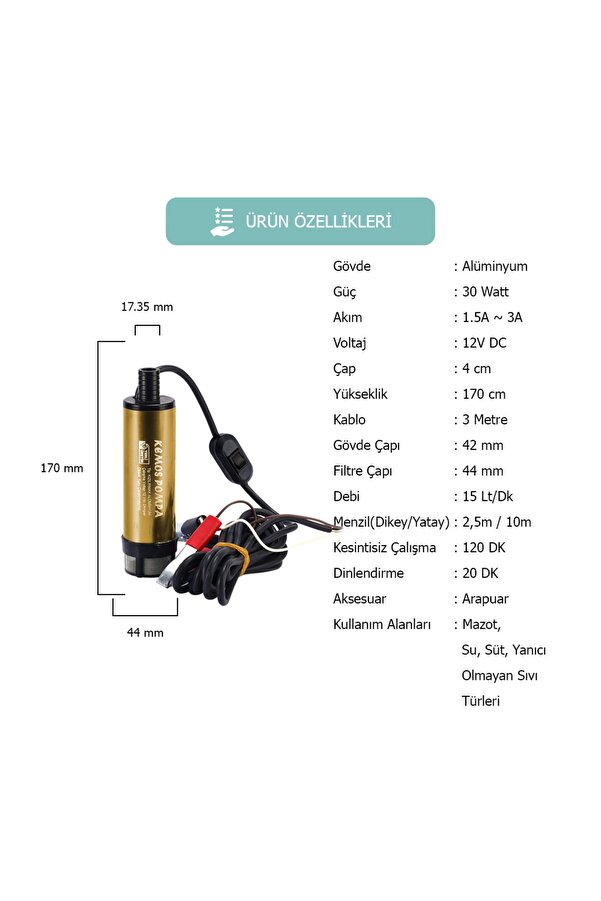 Kemos Kızılırmak 12 Volt Alümi̇nyum Dalgıç Ti̇pi̇ Sıvı Aktarma Pompası (Fi̇ltre+Arapuar)