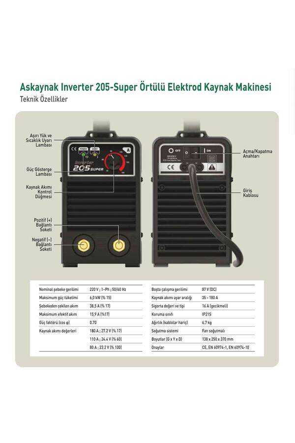 Askaynak 205 Inverter Kaynak Makinası 180 A + Karona Italy Kaynak Maskesi + Starline Kaynak Eldiveni