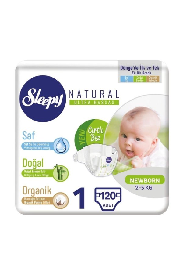 Sleepy Natural Bebek Bezi 1 Numara Yenidoğan 120 Adet (2-5 Kg)