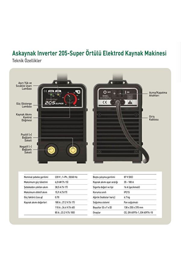 Askaynak 205 Inverter Kaynak Maki̇nası 180A + Maxstar Kaynak Maskesi̇ + Starli̇ne Kaynak Eldi̇veni̇