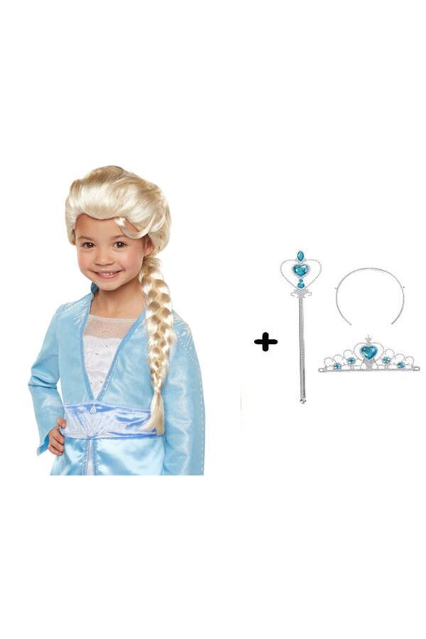 Go İthalat Örgülü Karlar Ülkesi̇ Frozen Elsa Peruğu Tacı Ve Sopası Çocuk Boy