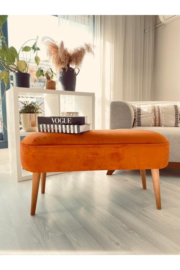 WEBPANYA Retro Gürgen Ahşap Ayaklı Geniş Oturum Alanlı Özel Tasarım Oval Bench Puf Turuncu