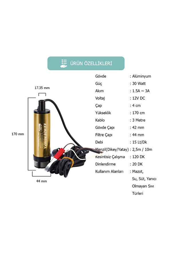 Kemos Kızılırmak 12 Volt Alümi̇nyum Dalgıç Ti̇pi̇ Sıvı Aktarma Pompası (Fi̇ltre + Adaptör)
