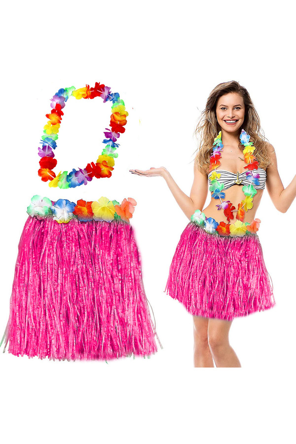 Go İthalat Hawai̇i̇ Luau Aloha Pembe Püsküllü 40 Cm Etek Ve Hawai̇i̇ Kolye Seti̇ (4107)