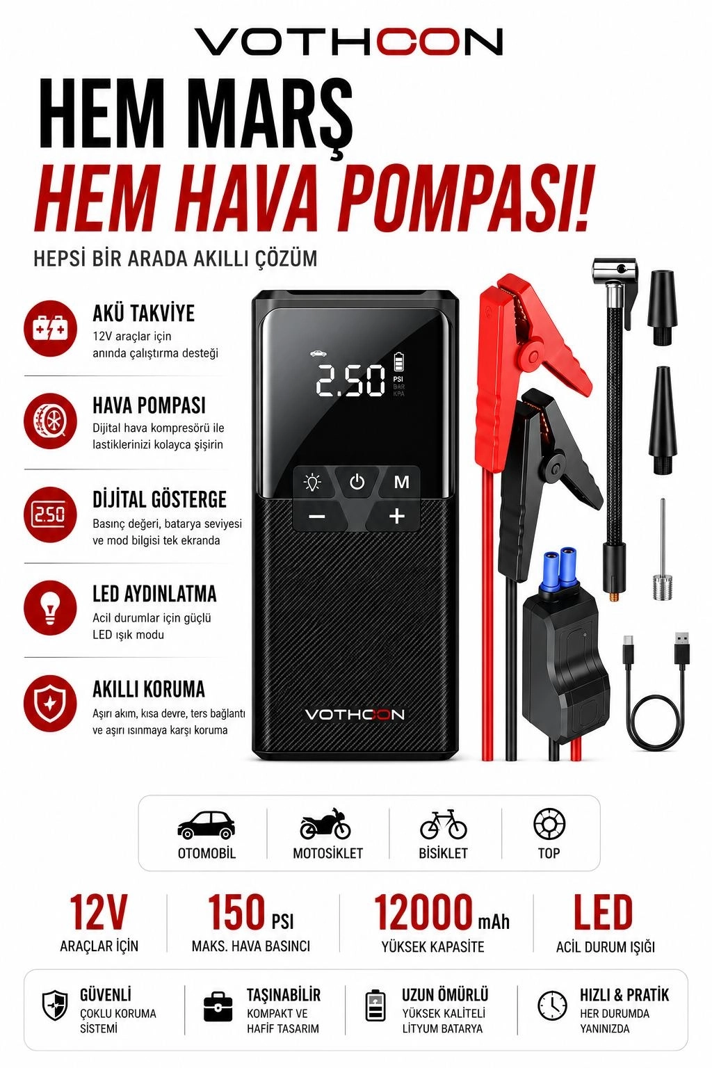Evimdeyokyok 12000 Mah Akıllı Akü Takviye Ve Dijital Hava Pompası Akım Korumalı