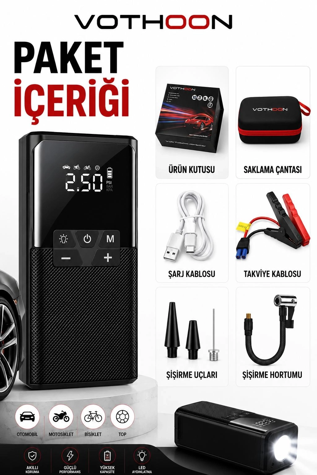 Evimdeyokyok 12000 Mah Akıllı Akü Takviye Ve Dijital Hava Pompası Akım Korumalı