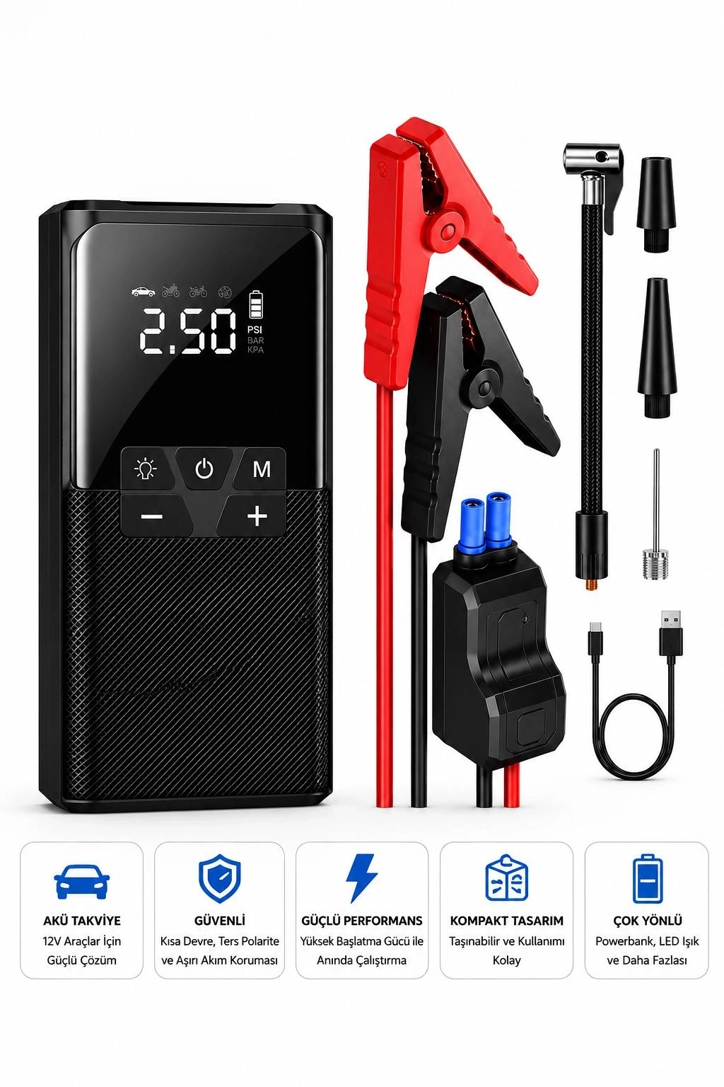 Evimdeyokyok 12000 Mah Akıllı Akü Takviye Ve Dijital Hava Pompası Akım Korumalı