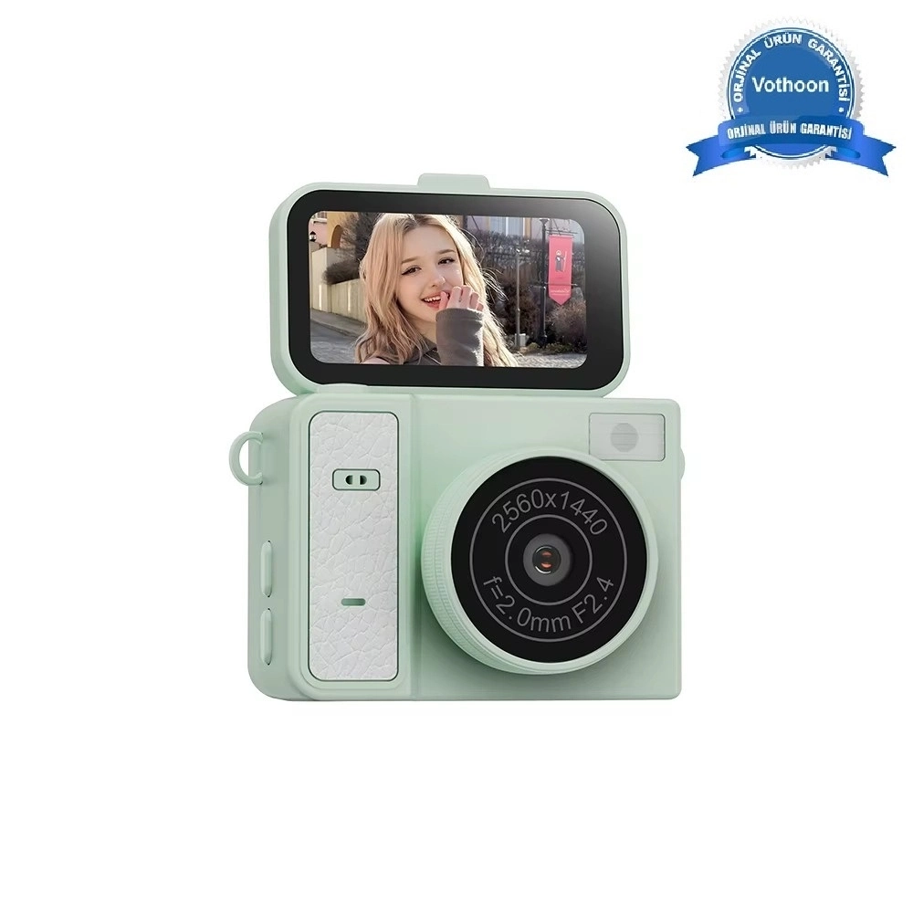 Evimdeyokyok 2K Mini Dijital Retro Video Kamera Flaşlı Dijital Vlog Mini Fotoğraf Makinesi Türkçe Menü Yeşil