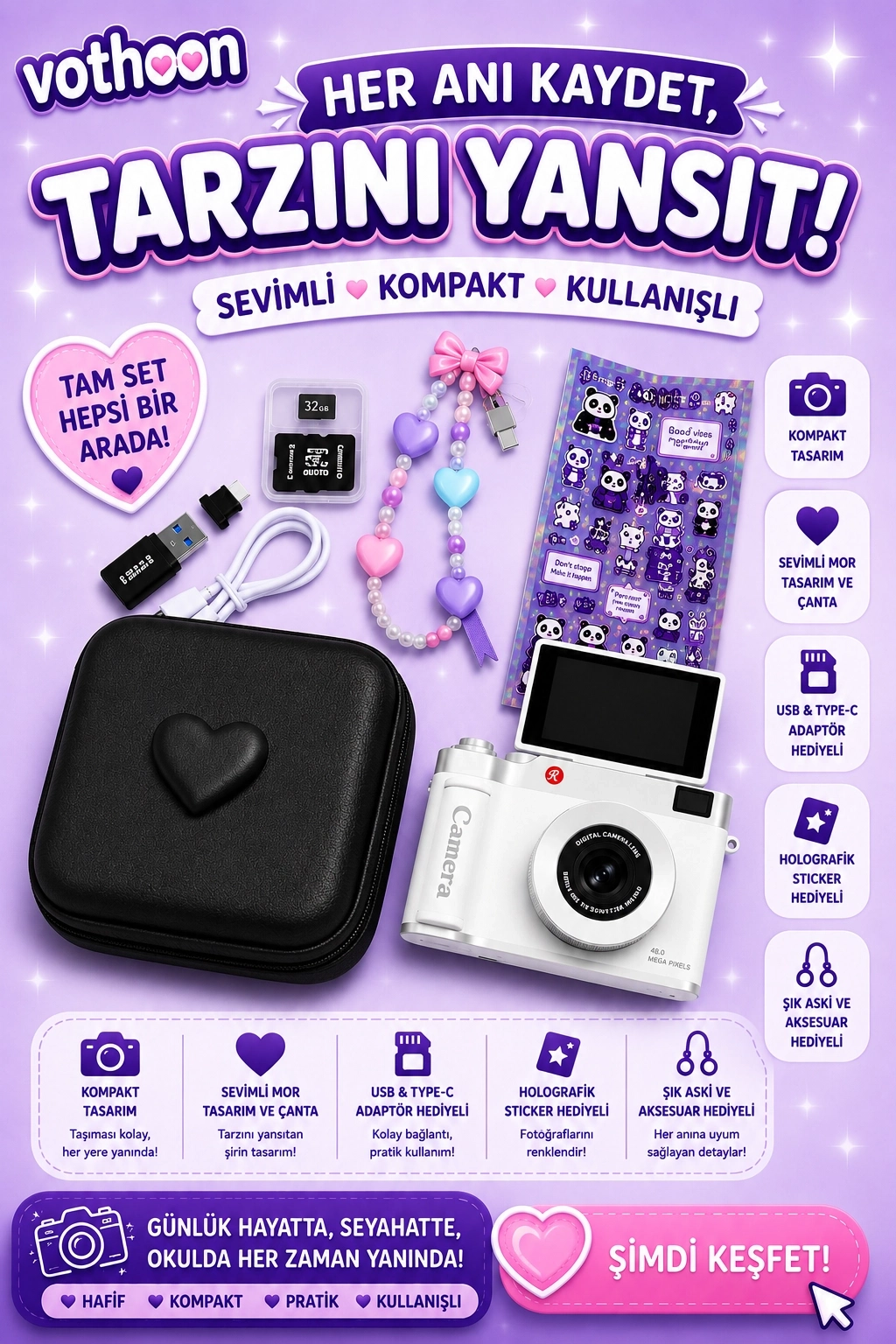 Evimdeyokyok 4K Çantalı Dijital Retro Video Kamera 48Mp 16X Zoom Işıklı (32Gb) Kart Dijital Fotoğraf Makinesi Bey