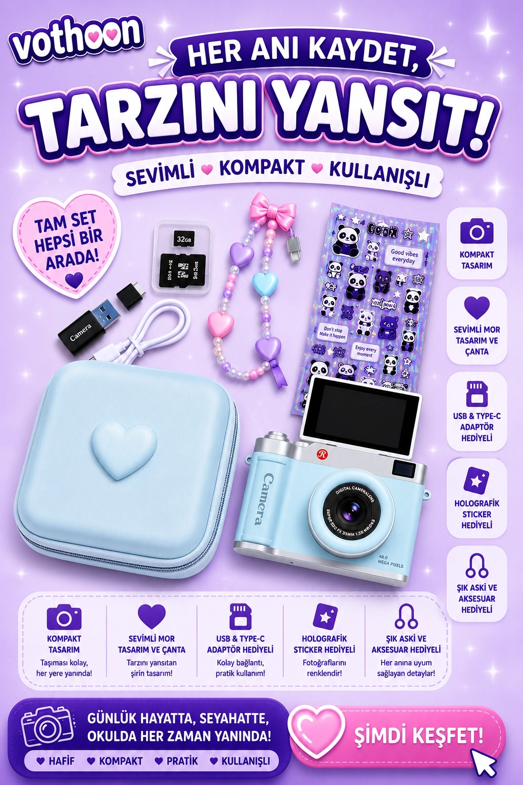 Evimdeyokyok 4K Çantalı Dijital Retro Video Kamera 48Mp 16X Zoom Işıklı (32Gb) Kart Dijital Fotoğraf Makinesi Mav