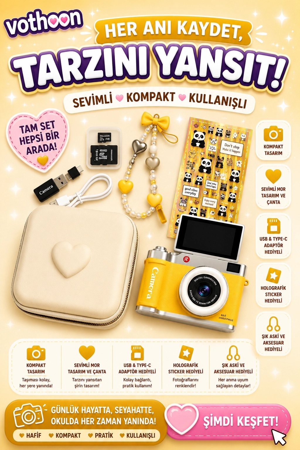 Evimdeyokyok 4K Çantalı Dijital Retro Video Kamera 48Mp 16X Zoom Işıklı (32Gb) Kart Dijital Fotoğraf Makinesi Sar