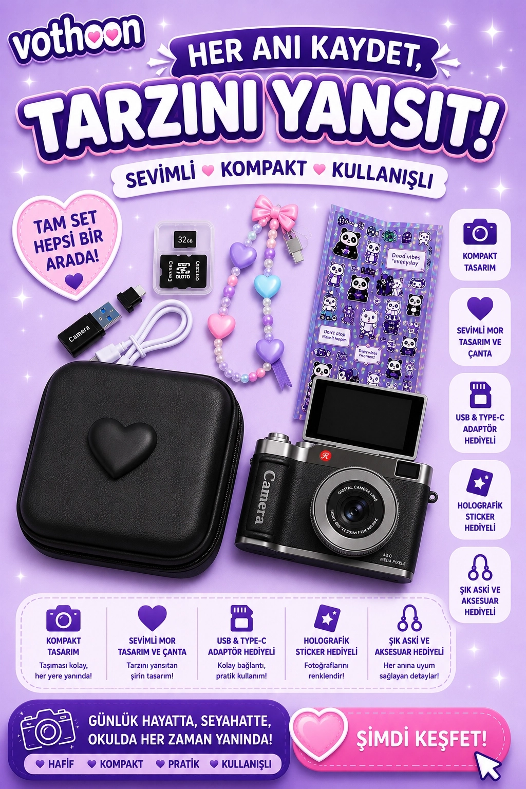 Evimdeyokyok 4K Çantalı Dijital Retro Video Kamera 48Mp 16X Zoom Işıklı (32Gb) Kart Dijital Fotoğraf Makinesi Siy