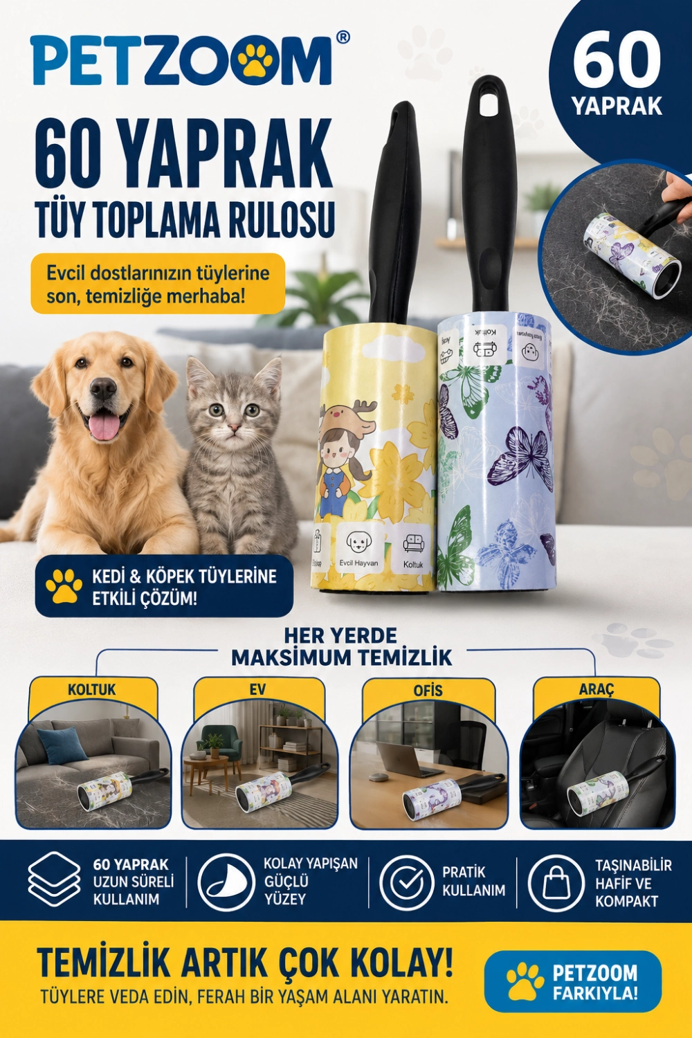 Evimdeyokyok 60 Yaprak Tüy Toplama Rulosu Kedi Köpek Tüy Toplayıcı Ev Koltuk Araç Ofis Temizlik Rulosu