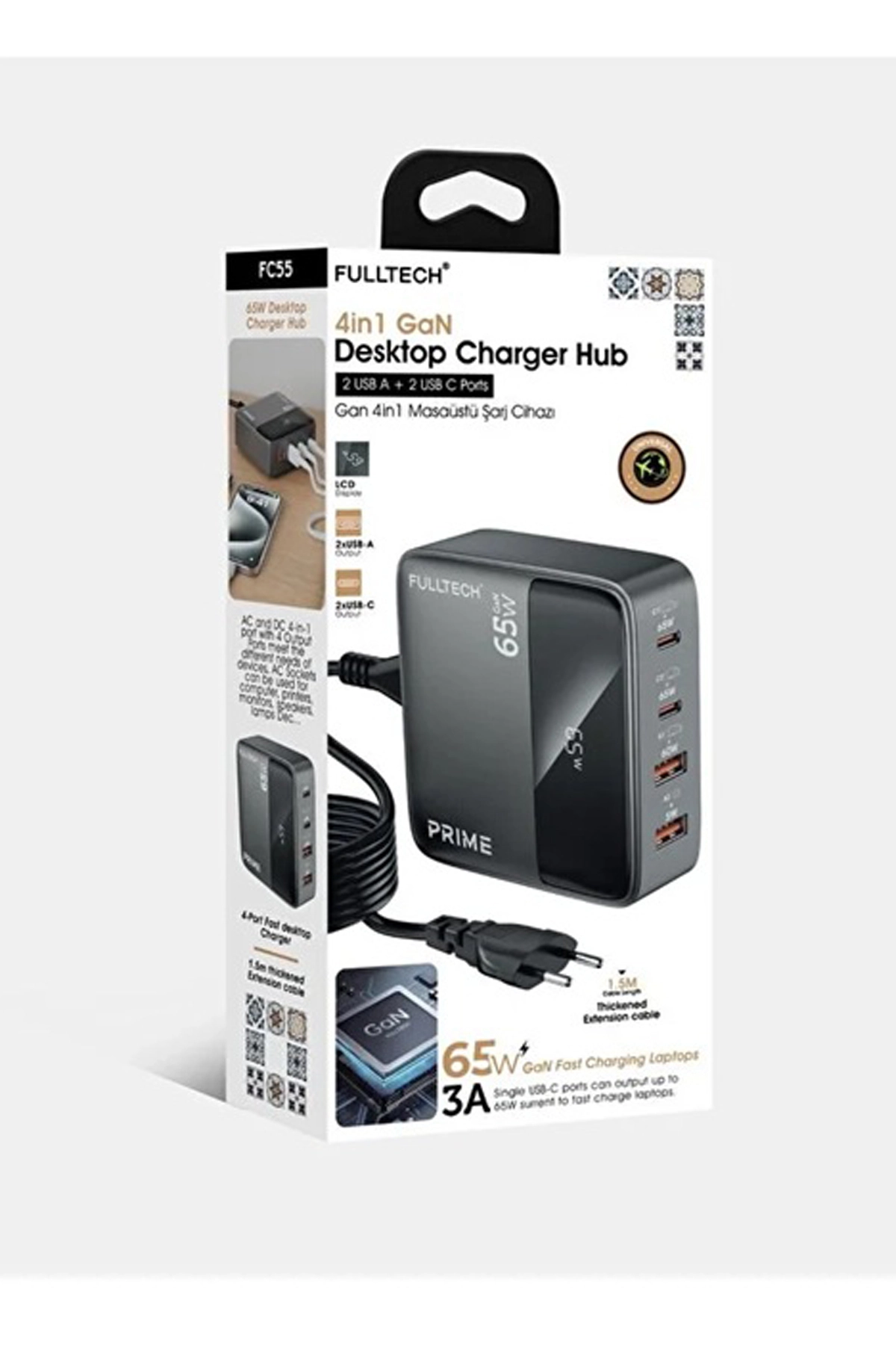 Evimdeyokyok 65W Masaüstü 4 Portlu Hızlı Şarj Cihazı İstasyonu 2Xusb-A, 2Xtype-C Giriş,1,5 Mt. Kablo