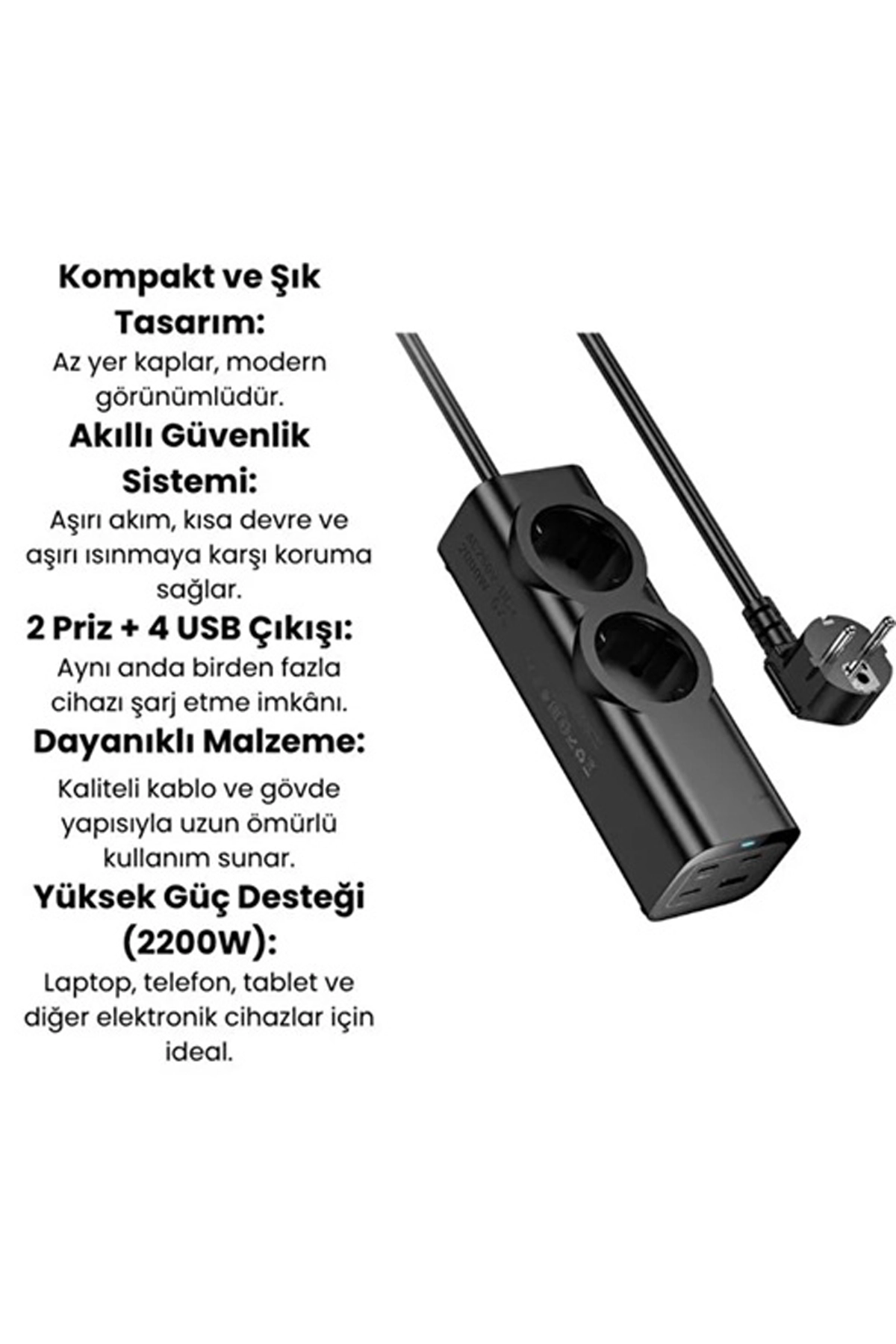 Evimdeyokyok 67W Hızlı Şarjlı Akıllı Çoklu Priz – 2000W Güç, 2 Usb-C + 2 Usb-A Çıkışlı, Telefon & Laptop Uyumlu