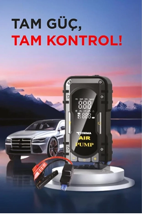 Evimdeyokyok 8000 Mah Taşnabilir Dijital Ekranlı Araç Akü Takviyeli,Powerbank,Işıklı Oto Hava Kompresörü