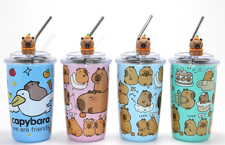Evimdeyokyok Capybara Figürlü Isı Muhafazalı Metal Pipetli Paslanmaz Çelik Kupa Alk4429