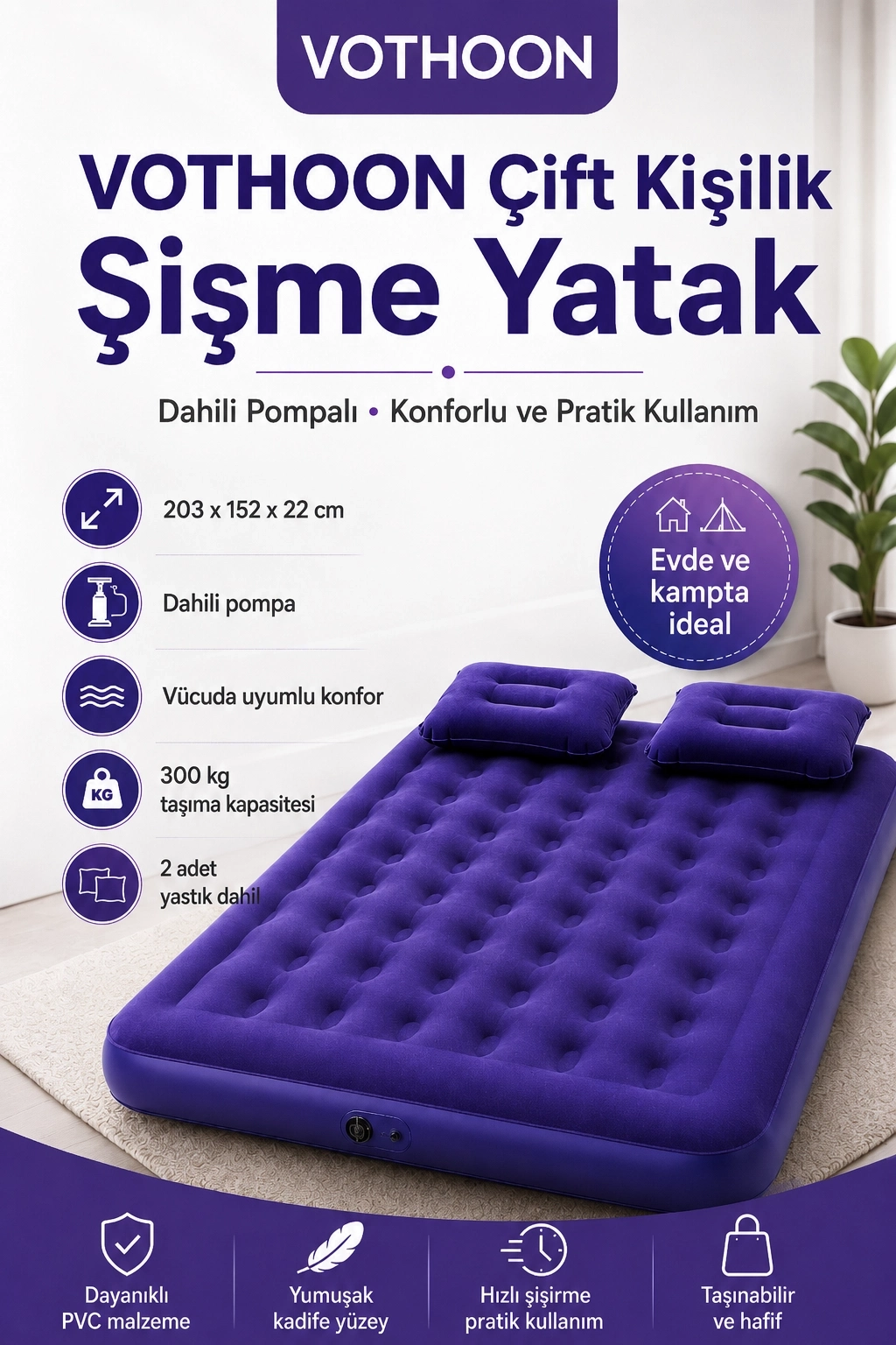 Evimdeyokyok Çift Kişilik Şişme Yatak Dahili Pompalı 203X152X22 Cm 2 Yastıklı