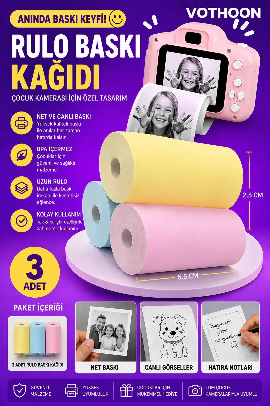 Evimdeyokyok Çocuk Fotoğraf Makinesi Yedek Termal Baskı Kağıdı Renkli (3 Lü Rulo) – 57X25Mm