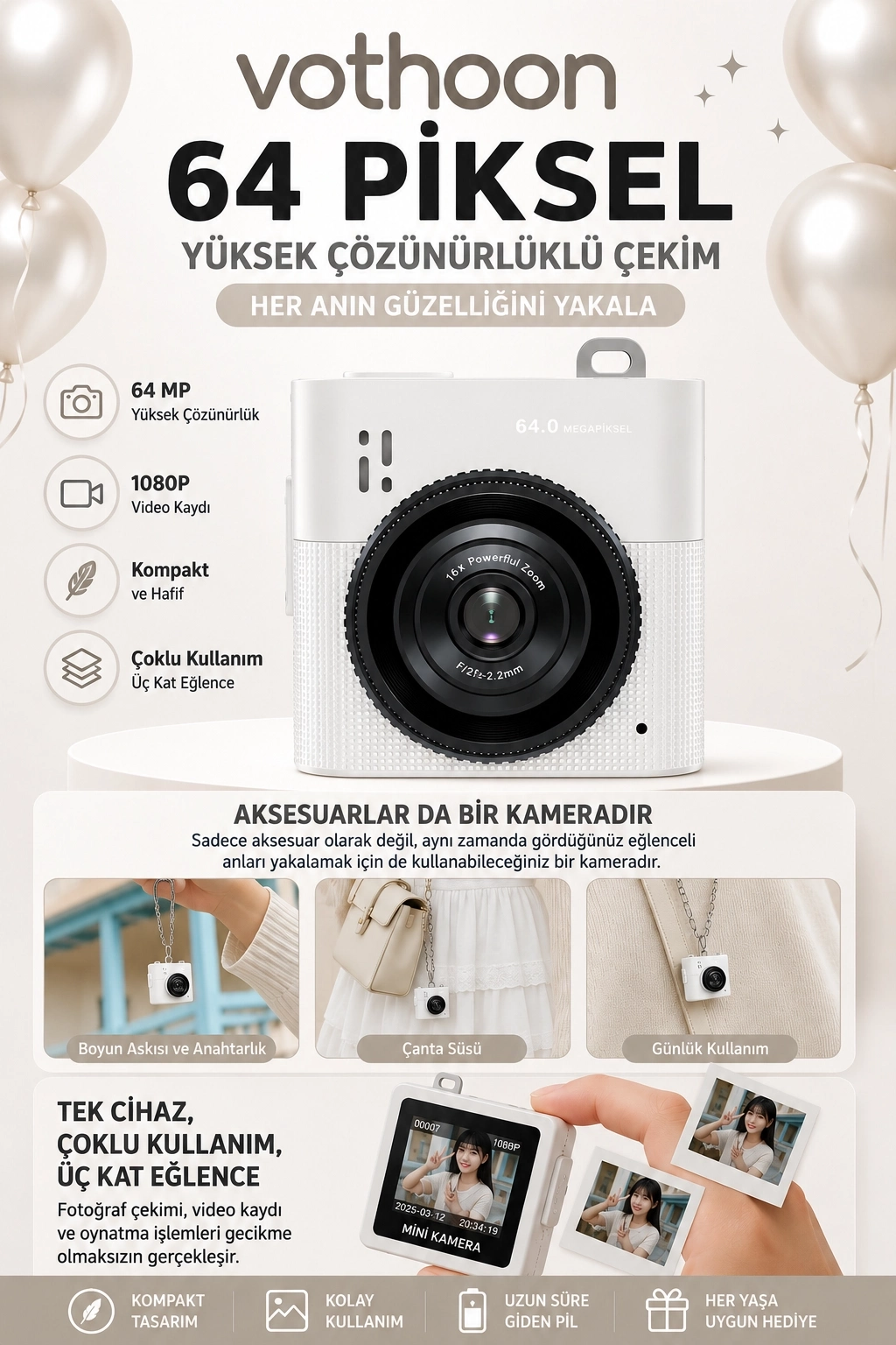 Evimdeyokyok Mini Dijital Kamera 64Mp 16X Digital Zoom Retro Vintage 1.4’’Ekranlı Video Kamera Taşınabilir Tasarı