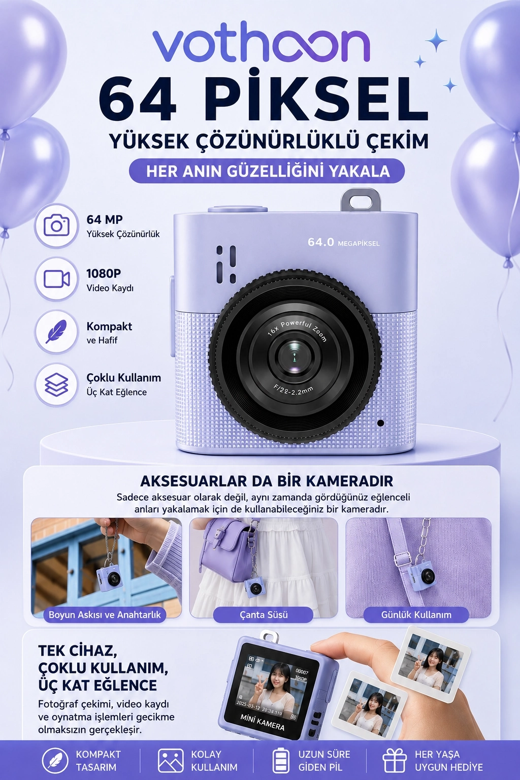 Evimdeyokyok Mini Dijital Kamera 64Mp 16X Digital Zoom Retro Vintage 1.4’’Ekranlı Video Kamera Taşınabilir Tasarı