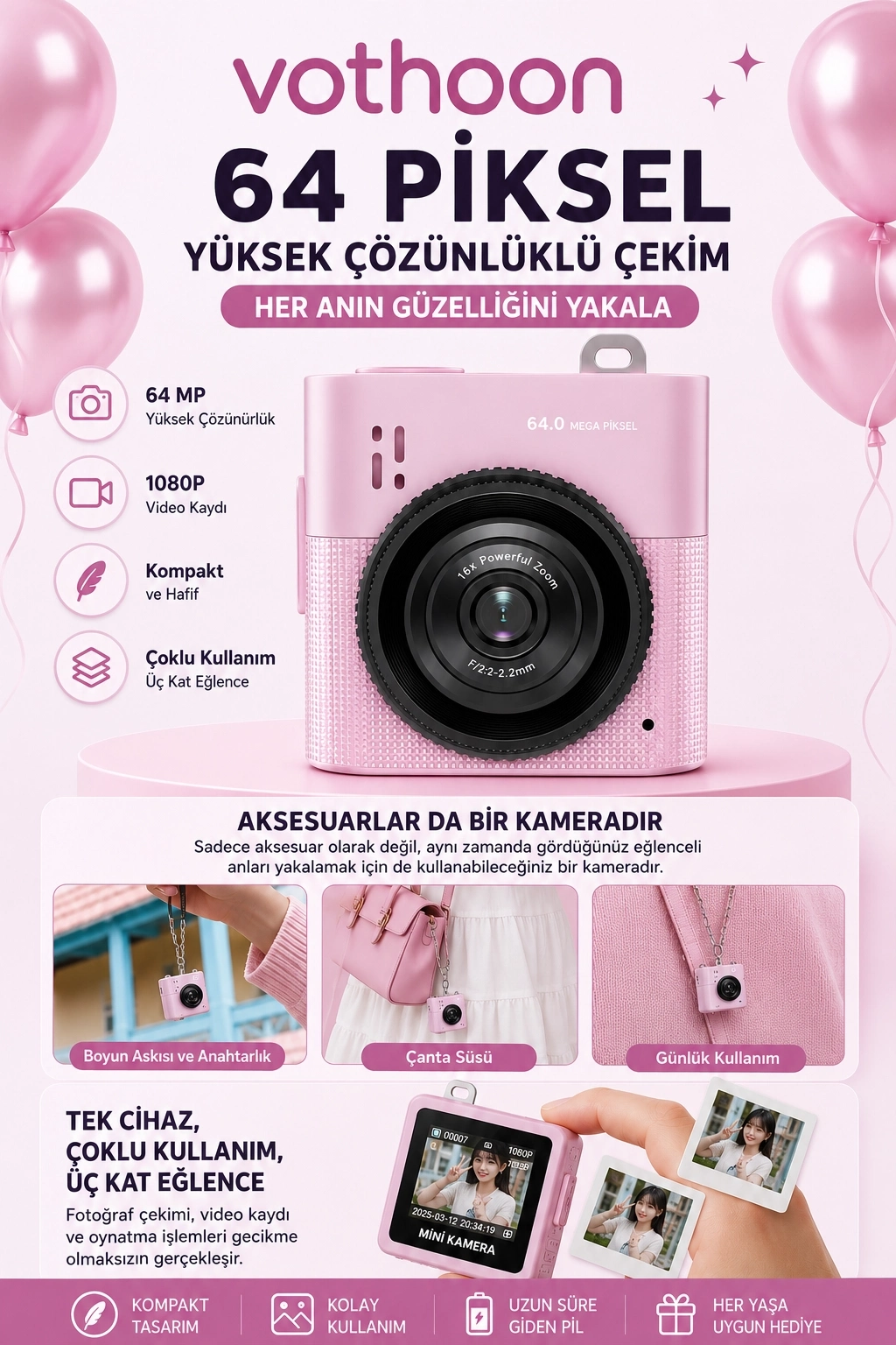 Evimdeyokyok Mini Dijital Kamera 64Mp 16X Digital Zoom Retro Vintage 1.4’’Ekranlı Video Kamera Taşınabilir Tasarı