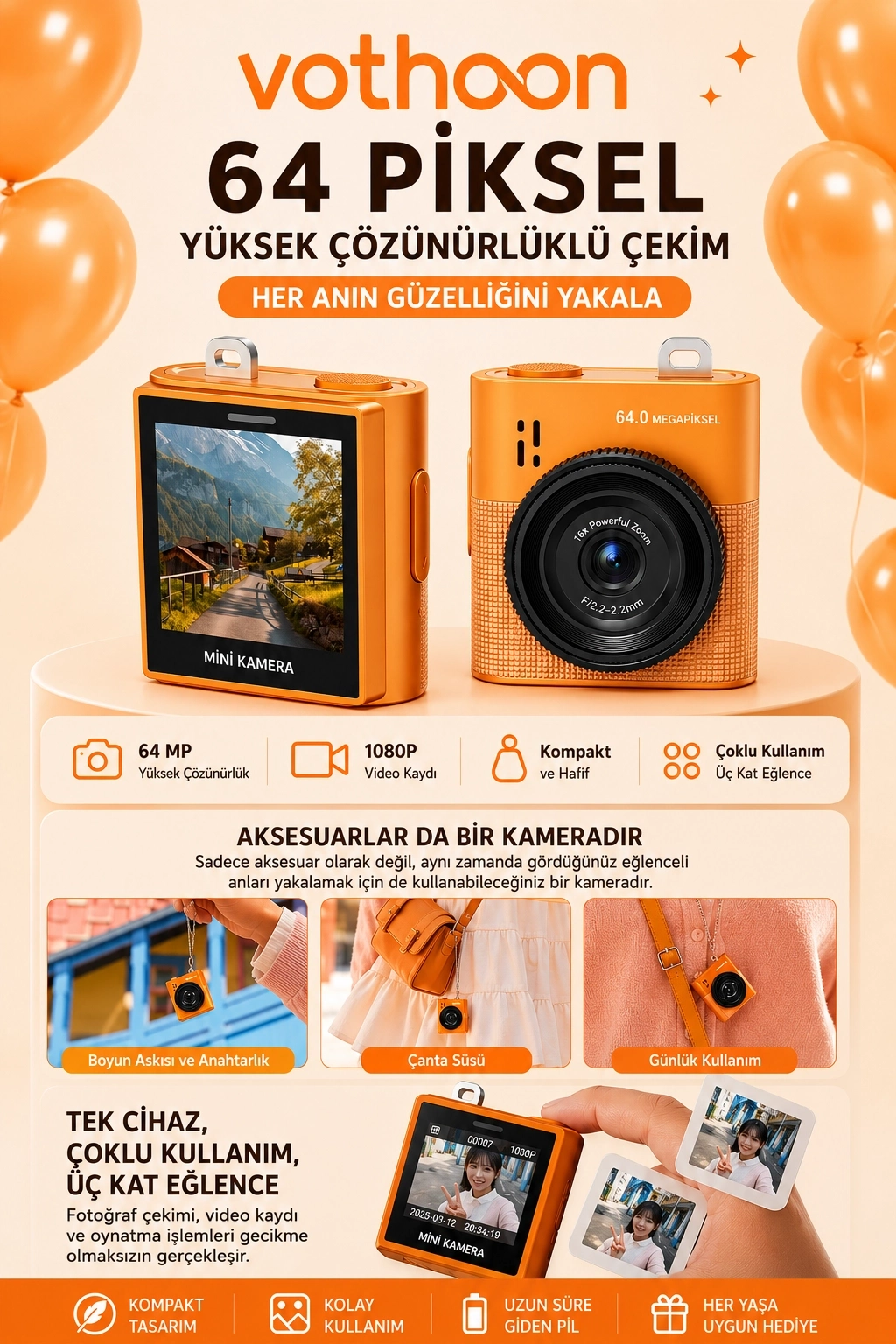 Evimdeyokyok Mini Dijital Kamera 64Mp 16X Digital Zoom Retro Vintage 1.4’’Ekranlı Video Kamera Taşınabilir Tasarı