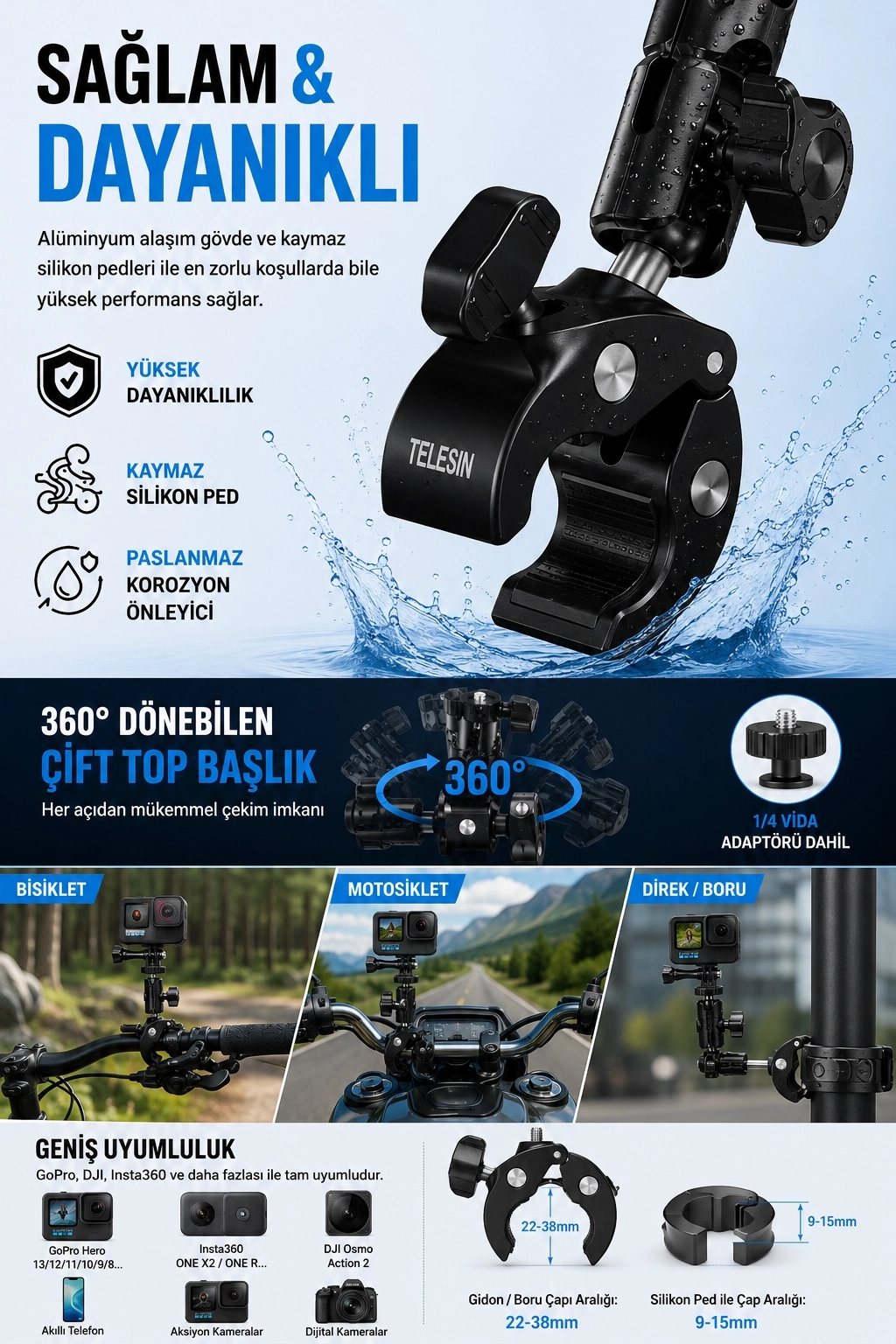 Evimdeyokyok Motosiklet Bisiklet Gidon Kamera Montaj Metal Si 360° Döner Metal Tutucu