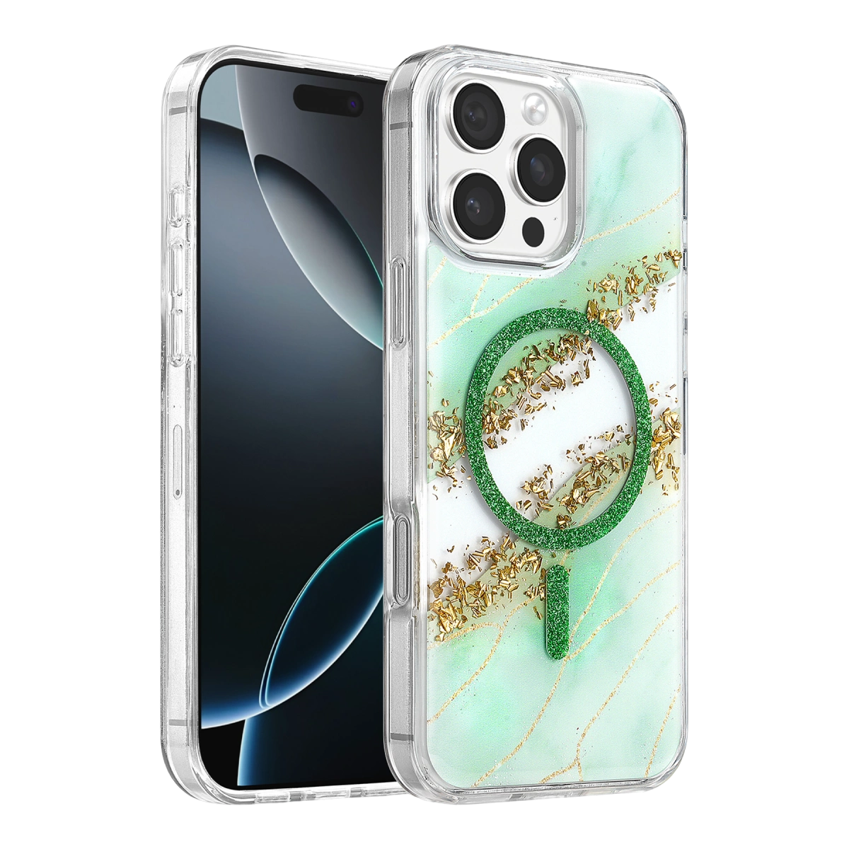 Evimdeyokyok Onegif Apple İphone 16 Pro Max Lotus Simli Magsafe Kapak - Yeşil