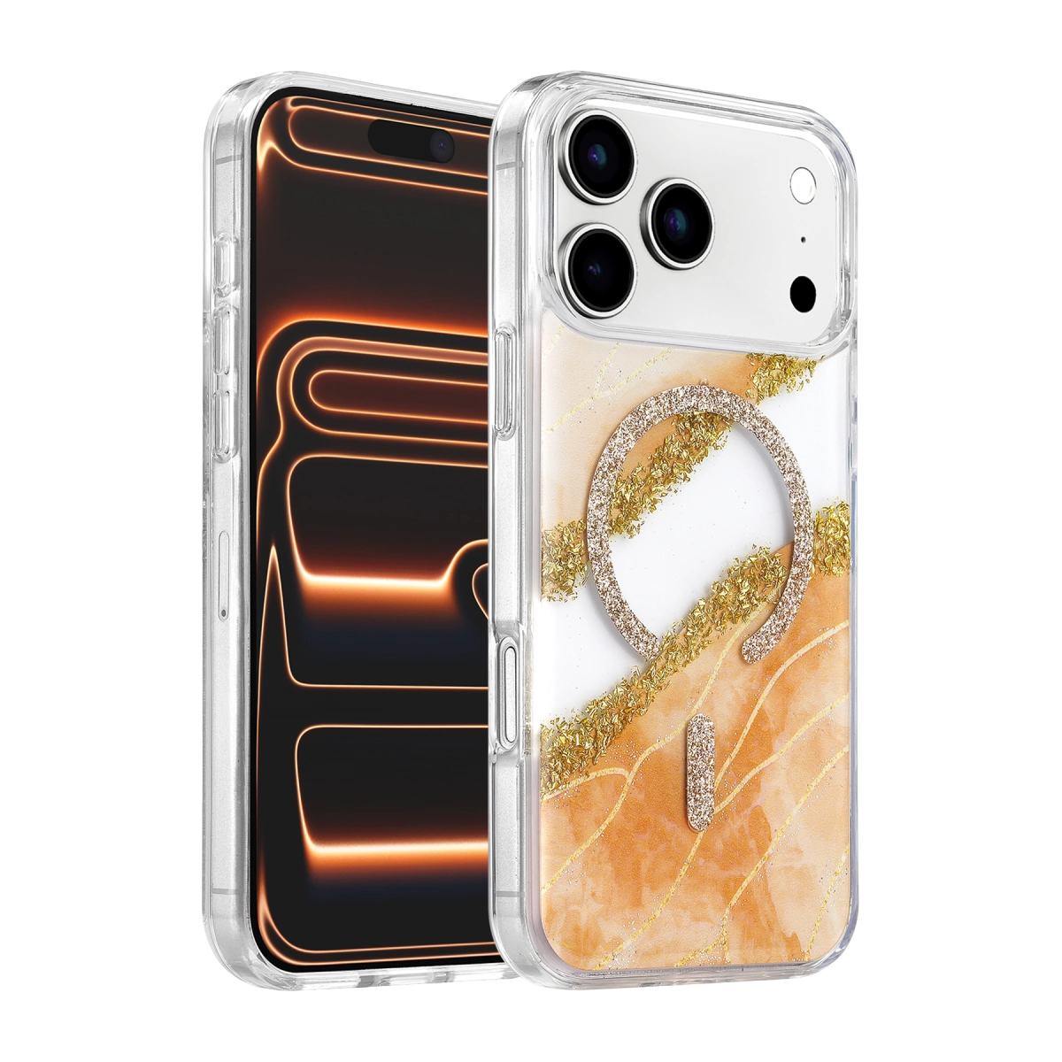 Evimdeyokyok Onegif Apple İphone 17 Pro Max/18 Pro Max Lotus Simli Magsafe Kapak - Turuncu