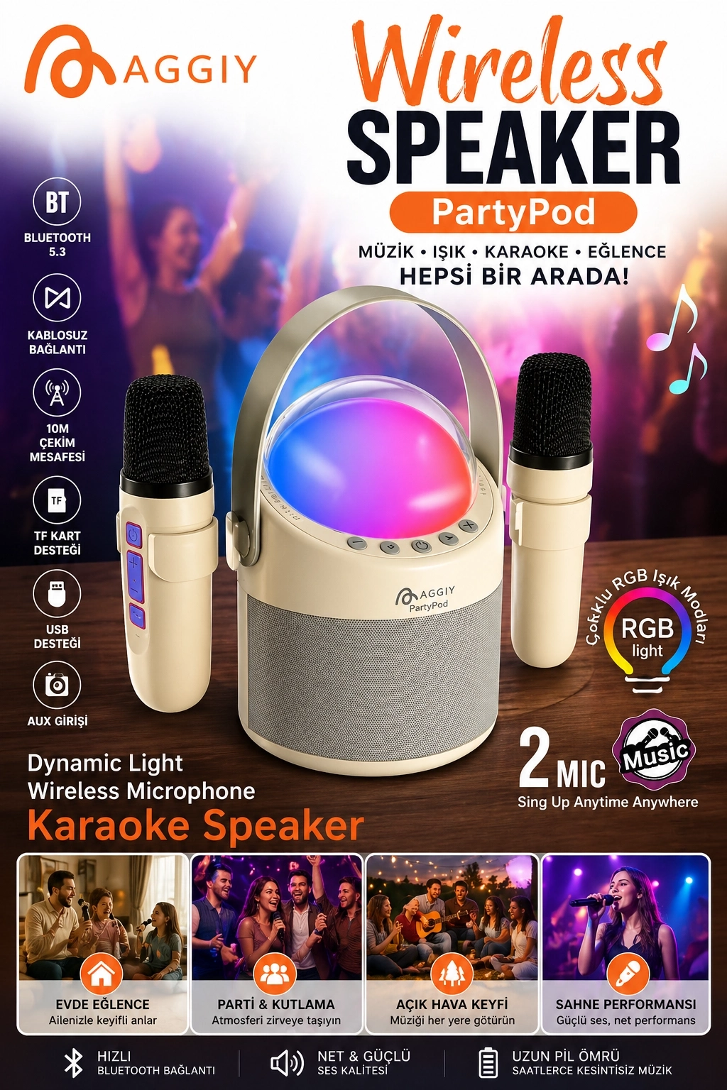 Evimdeyokyok Partypod Bluetooth 5.3 Destekli Çok Fonksiyonlu Kablosuz Mikrofon Ve Hoparlör