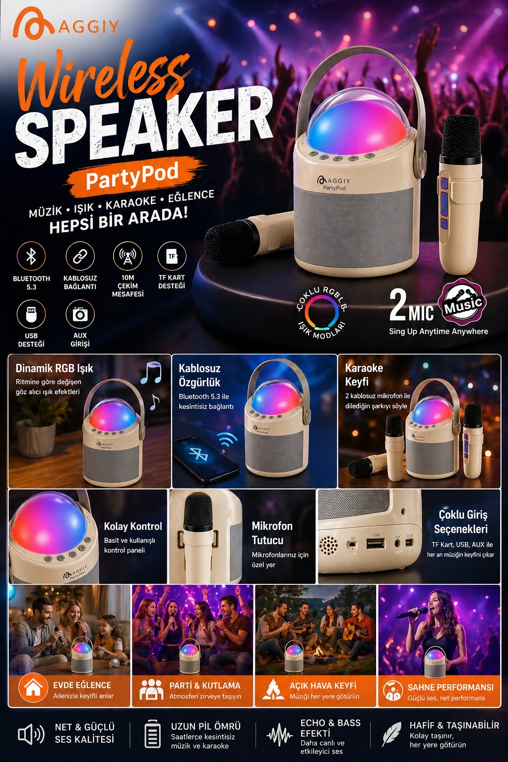 Evimdeyokyok Partypod Bluetooth 5.3 Destekli Çok Fonksiyonlu Kablosuz Mikrofon Ve Hoparlör