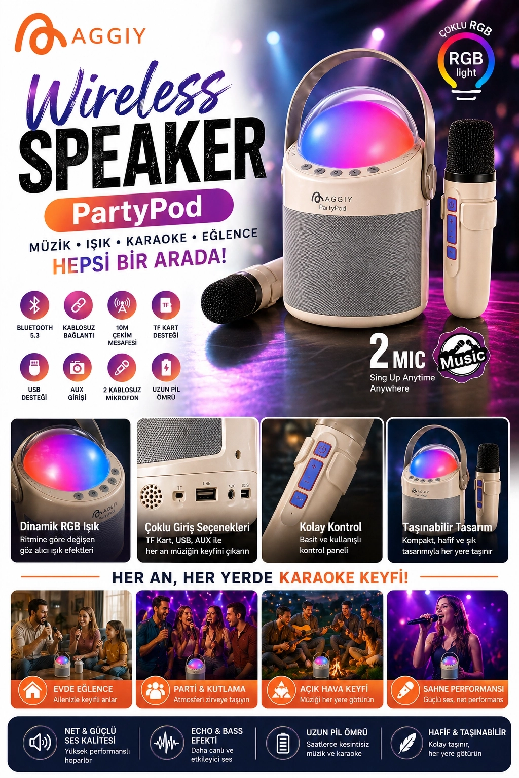 Evimdeyokyok Partypod Bluetooth 5.3 Destekli Çok Fonksiyonlu Kablosuz Mikrofon Ve Hoparlör
