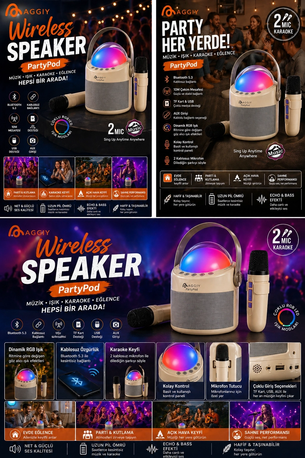 Evimdeyokyok Partypod Bluetooth 5.3 Destekli Çok Fonksiyonlu Kablosuz Mikrofon Ve Hoparlör