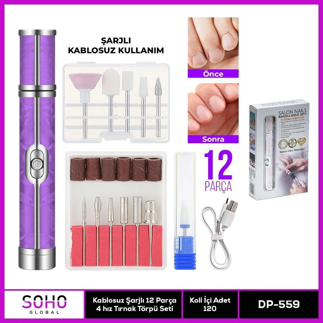 Evimdeyokyok Şarjlı 12 Başlıklı Manikür Seti