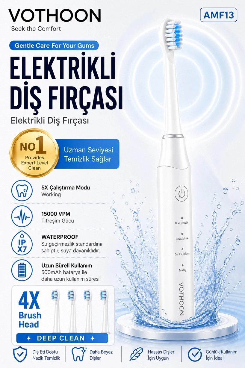 Evimdeyokyok Şarjlı Diş Fırçası 15000 Vpm Titreşim Gücü, 500Mah Batarya, 5 Temizlik Modu Beyaz