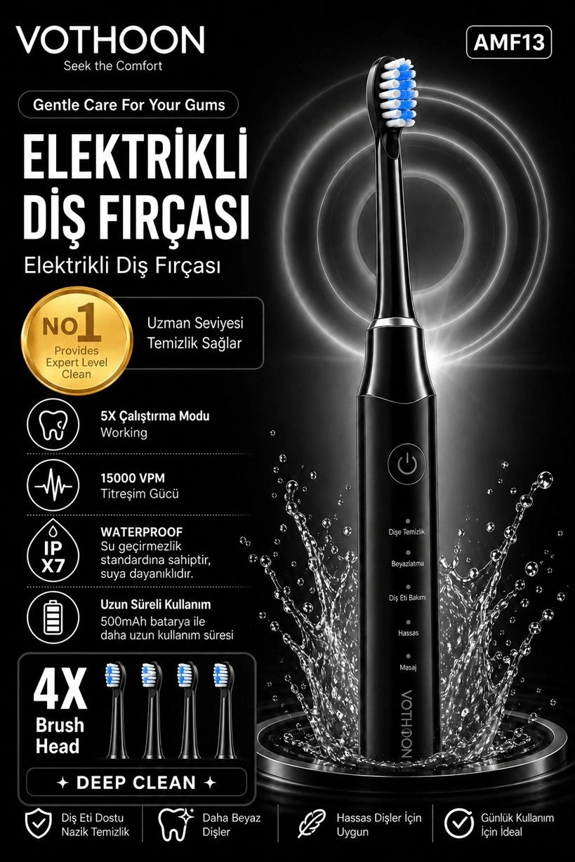 Evimdeyokyok Şarjlı Diş Fırçası 15000 Vpm Titreşim Gücü, 500Mah Batarya, 5 Temizlik Modu Siyah