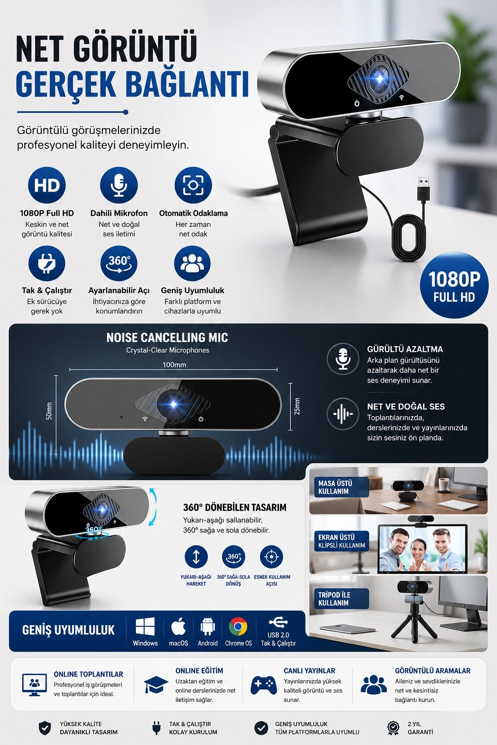 Evimdeyokyok Webcam Orjınal 1080P Hd Konferans Kamera Dahili Mikrofon Görüntülü Sohbet Yayın Kamerası Hd Video Ae