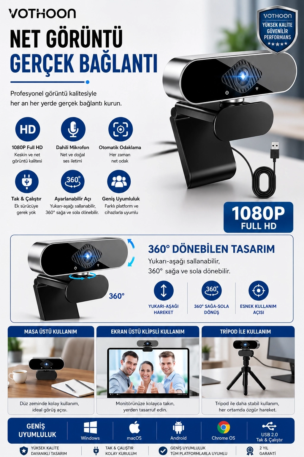 Evimdeyokyok Webcam Orjinal 1080P Hd Konferans Kamera Dahili Mikrofon Görüntülü Sohbet Yayın Kamerası Hd Video Ae