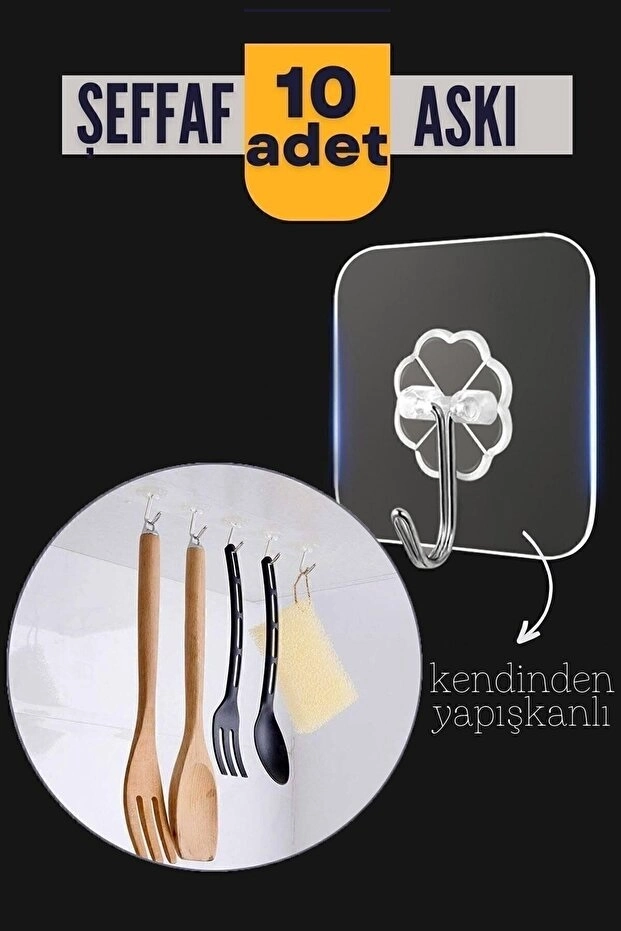 10'Lu Şeffaf Kendinden Yapışkanlı Güçlü Askı Kancası, Banyo Mutfak Organizer, İz ...
