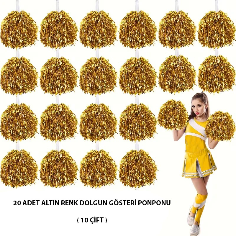 10 Çift ( 20 Adet ) Altın Renk 23 Nisan 19 Mayıs 29 Ekim Okul Gösteri Ponponları