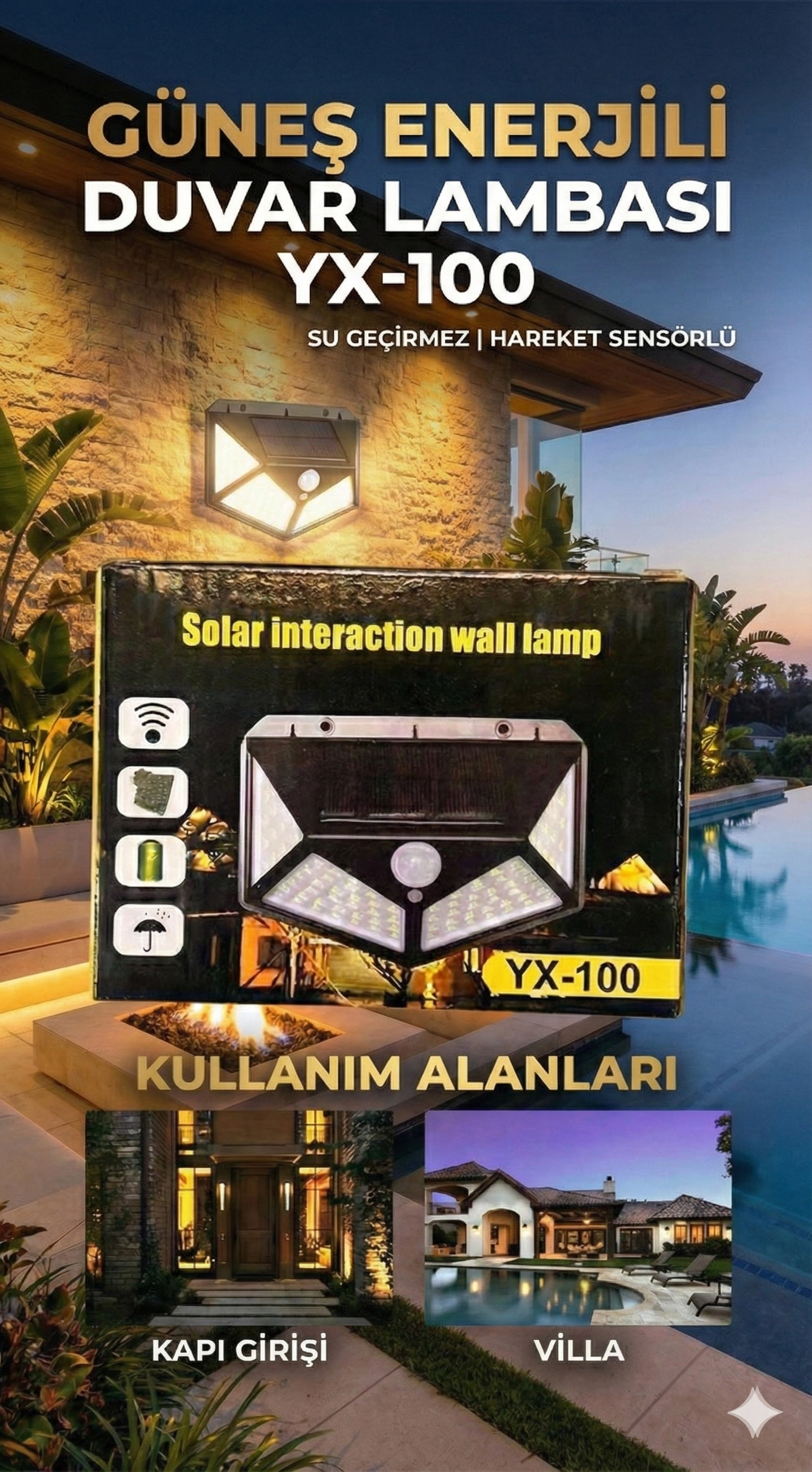 100 Led Dış Mekan Solar Aydınlatma Fotoselli Solar Lamba Hareket Sensörlü
