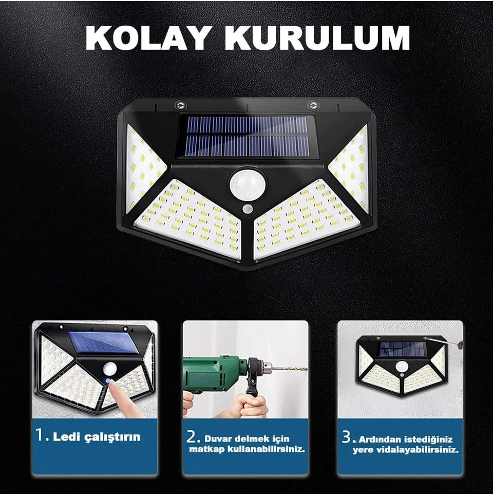 100 Led Dış Mekan Solar Aydınlatma Fotoselli Solar Lamba Hareket Sensörlü