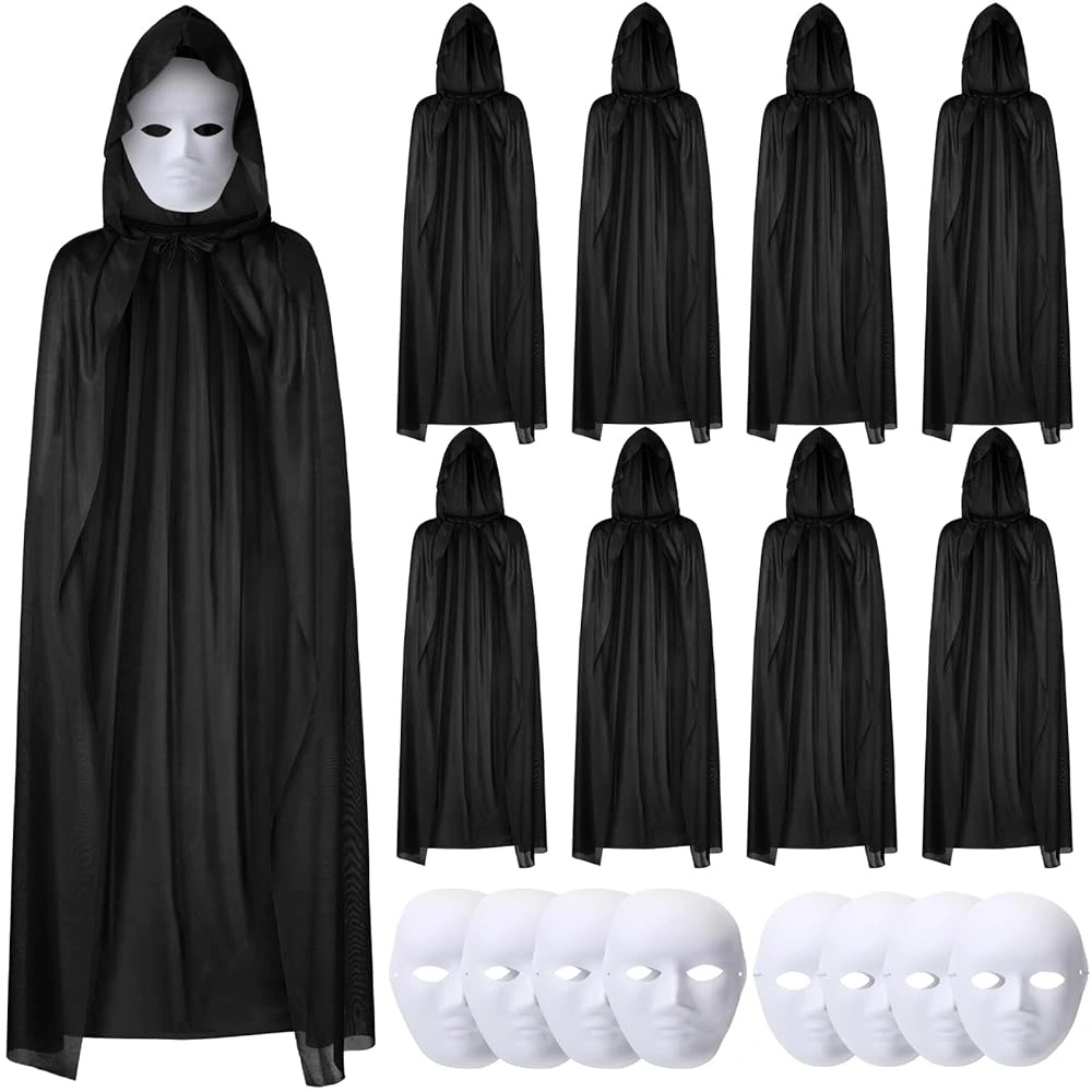 120 Cm Siyah Kapüşonlu Pelerin Ve Boyanabilir Karton Maske 8’Li Set