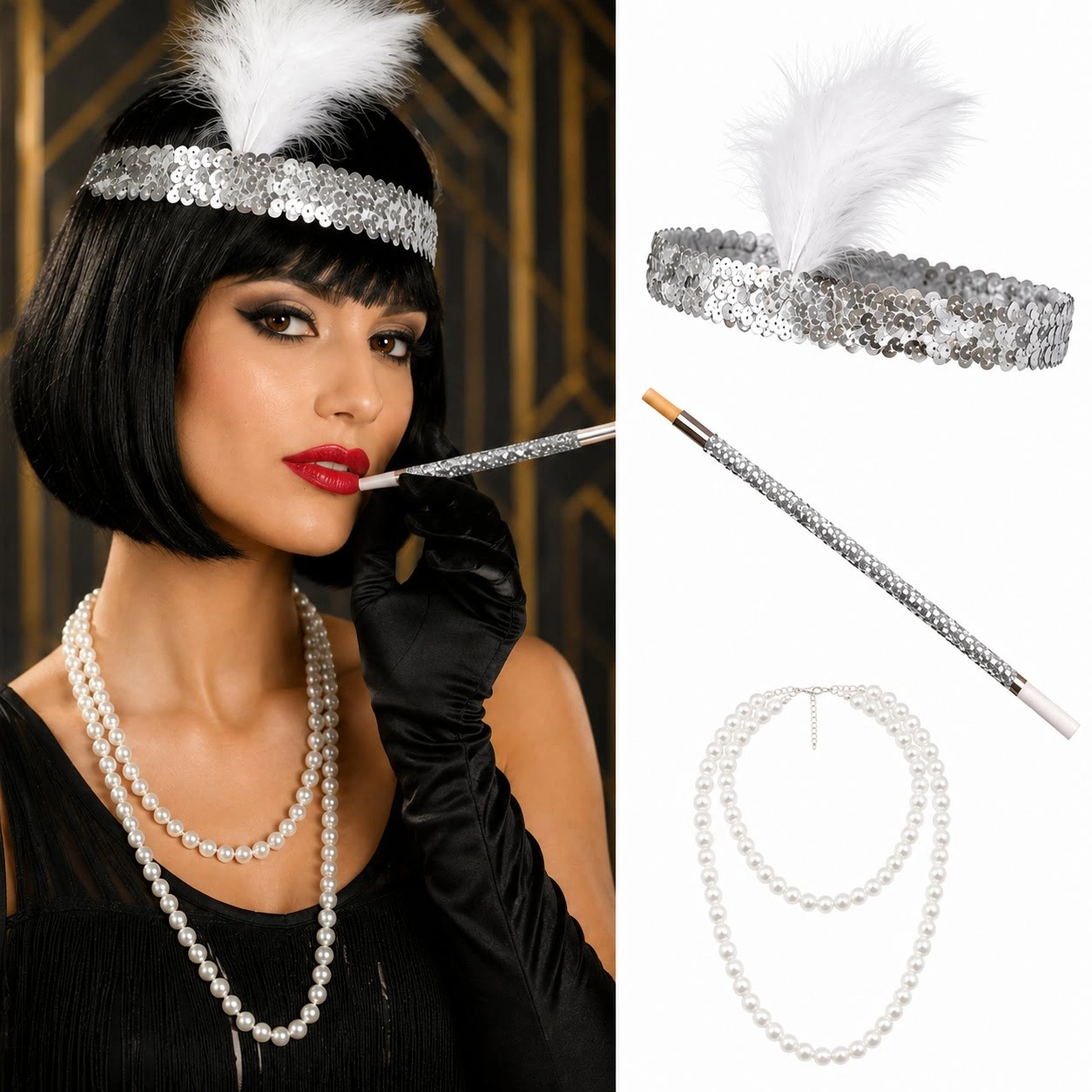 1920'Ler Gatsby Gümüş Parti Seti - Çarliston Saç Bandı, İnci Kolye Ve Sigara Tutacağı