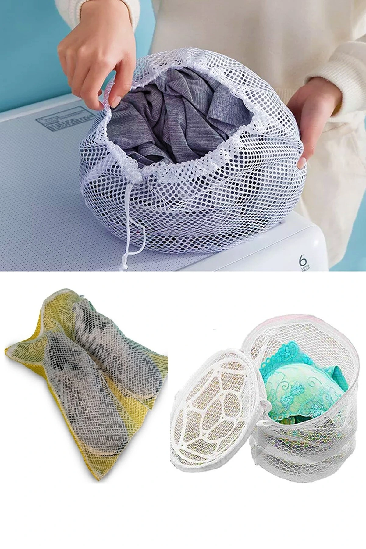 3Lü Yıkama File Seti - Ayakkabı Filesi-Plastik Aparatlı Sütyen Yıkama- Çamaşır Yıkama Filesi