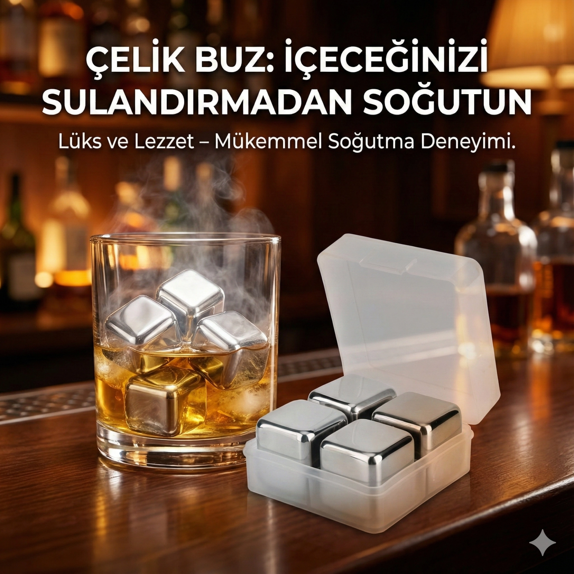 4 Lü Çelik Metal Kaplama Viski Taşı Soğutma Buz Küpü