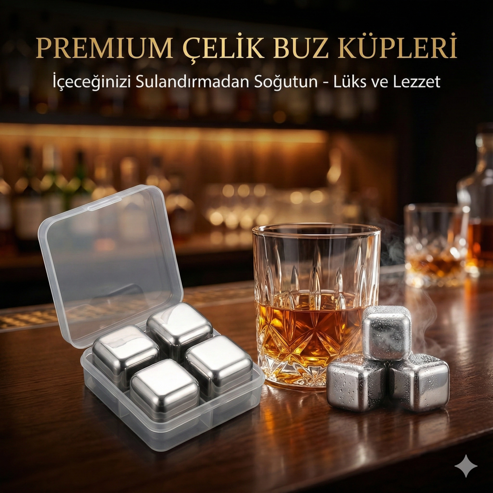 4 Lü Çelik Metal Kaplama Viski Taşı Soğutma Buz Küpü