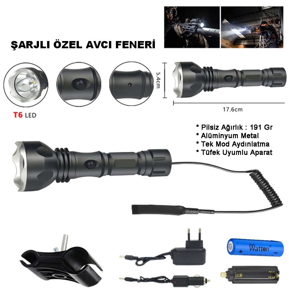 600 Lümen Tx6 Şarjlı Özel Avcı Feneri Wt-253